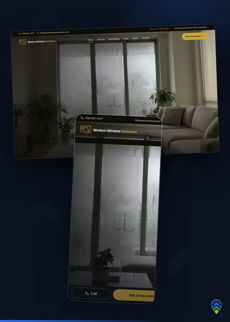 Modern Window Solutions impact window company website by FoundRank.AI, shown on desktop and mobile against the FoundRank chevron backdrop.