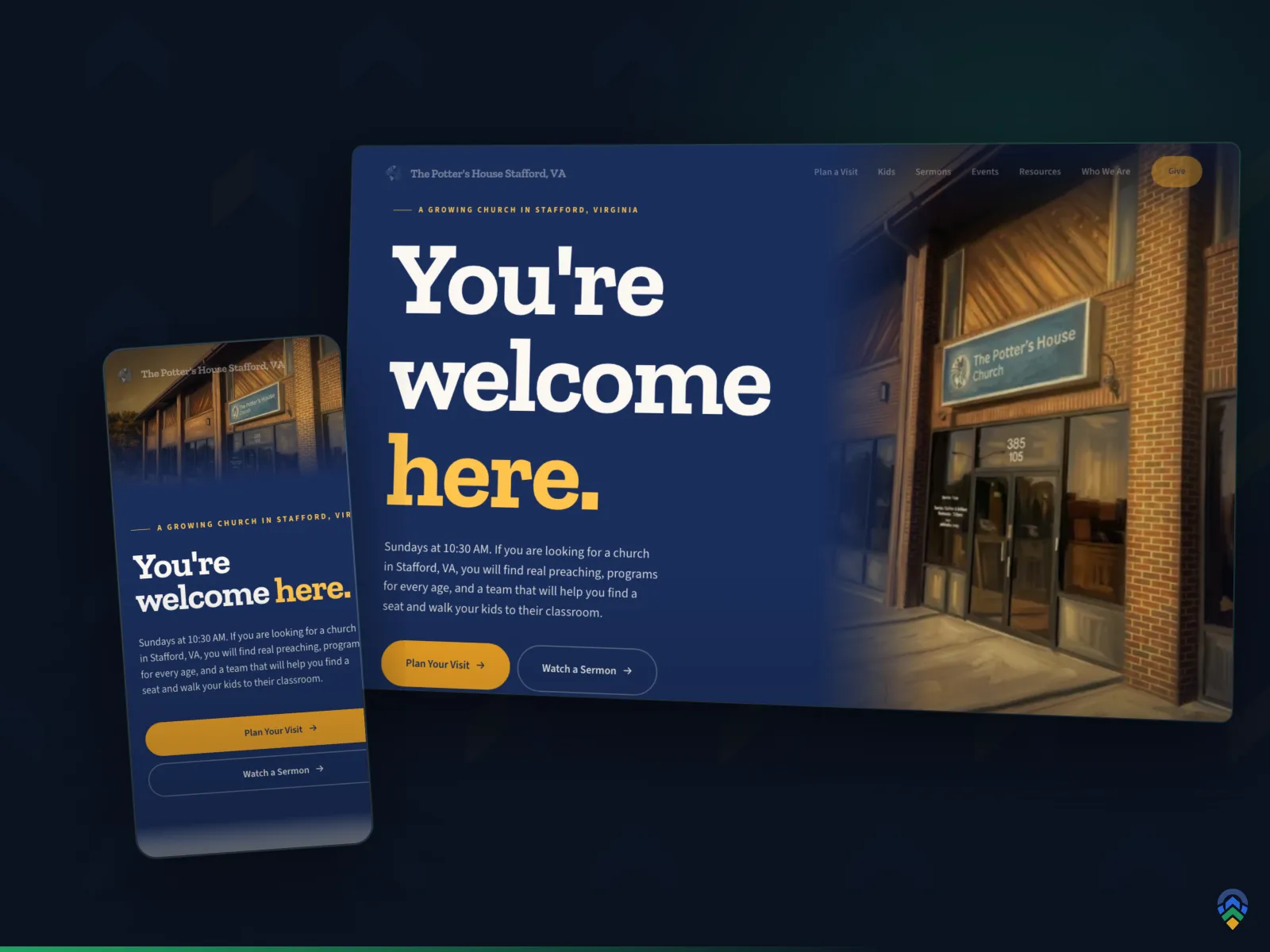 The Potter's House Stafford church website by FoundRank.AI, shown on desktop and mobile against the FoundRank chevron backdrop.