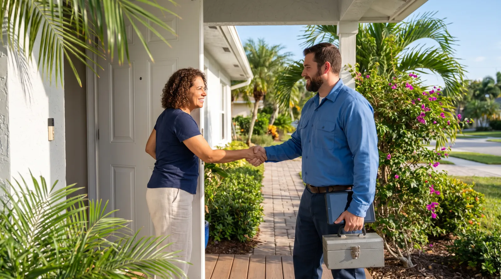Google Business Profile optimization in South Florida | FoundRank.AI A smiling homeowner greets a uniformed service technician at her front door at a South Florida home with tropical landscaping.
