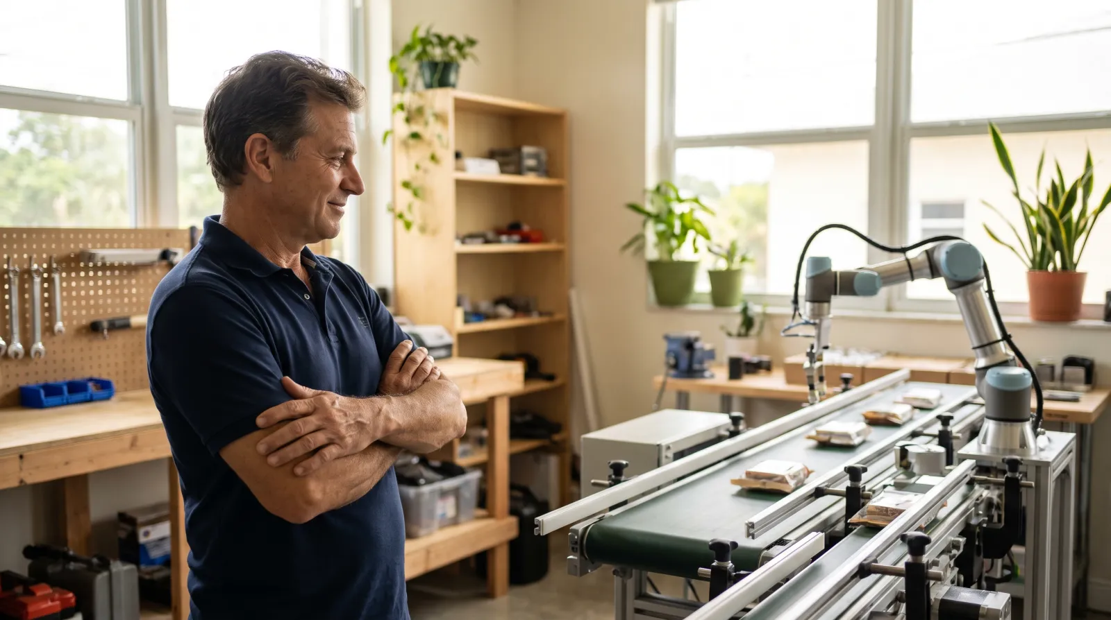 A relaxed, confident South Florida small business owner standing in a tidy workshop while the business runs smoothly.