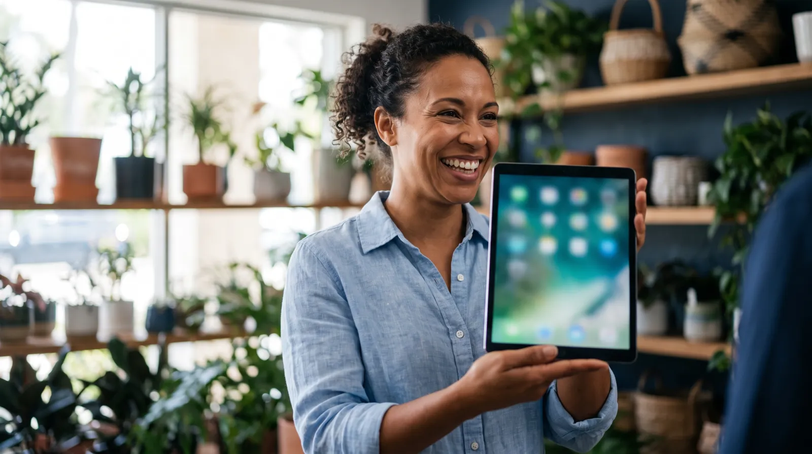 A smiling South Florida flower shop owner proudly holds up a tablet displaying her business inside her sunlit storefront.